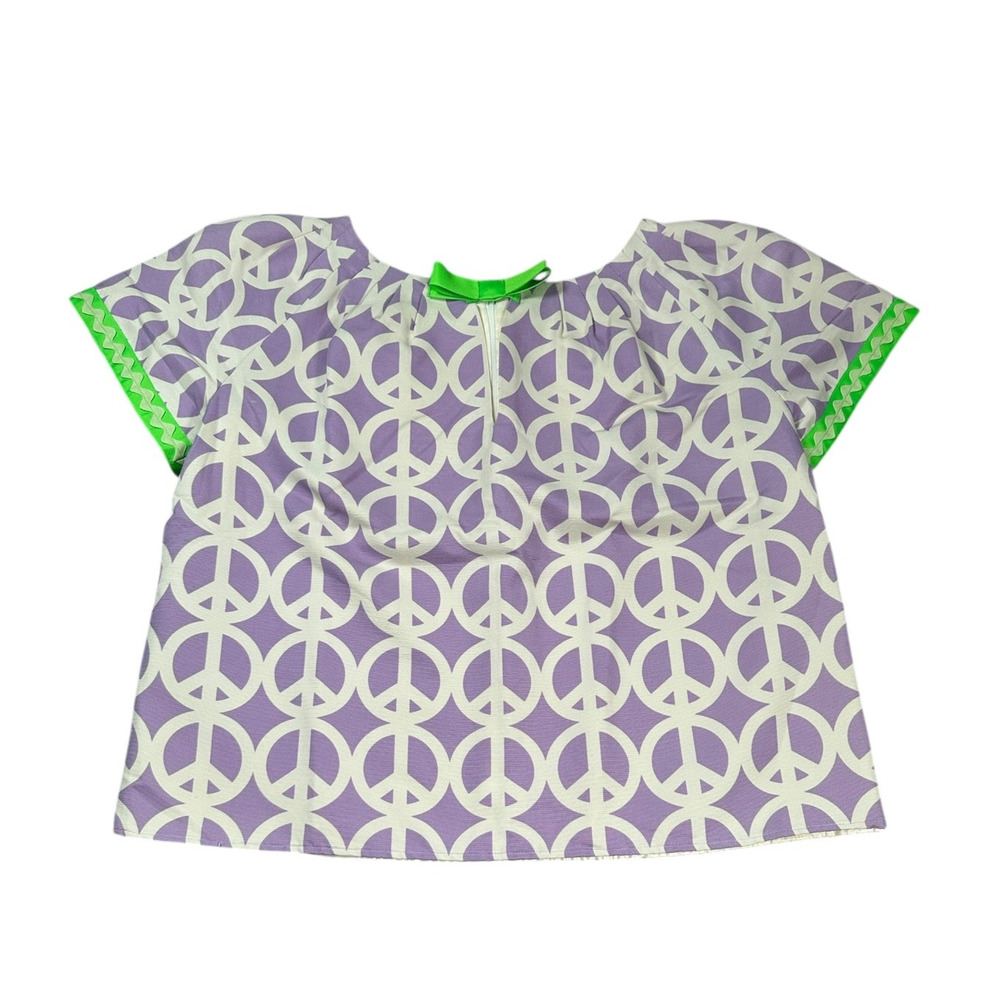 Jules Reid Peace Sign Blouse M Purple Green Bow Short Sleeve Hippie 70s